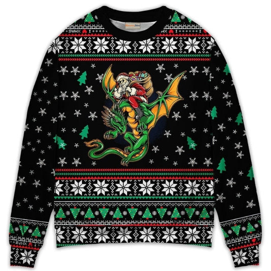 Christmas Santa With Fantasy Dragon Sweater For Festive Parties Family Photos And Comfortable Seasonal Wear