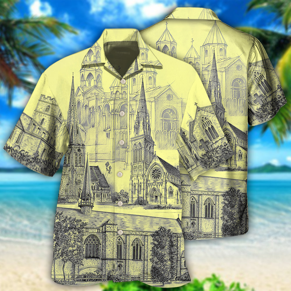 Vintage Creative Church Architectural Hawaiian Shirt For Resort Trips, Coastal Parties, And Warm Weather Style