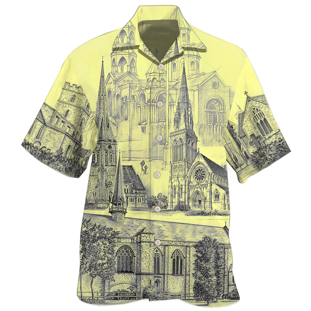 Vintage Creative Church Architectural Hawaiian Shirt For Resort Trips, Coastal Parties, And Warm Weather Style