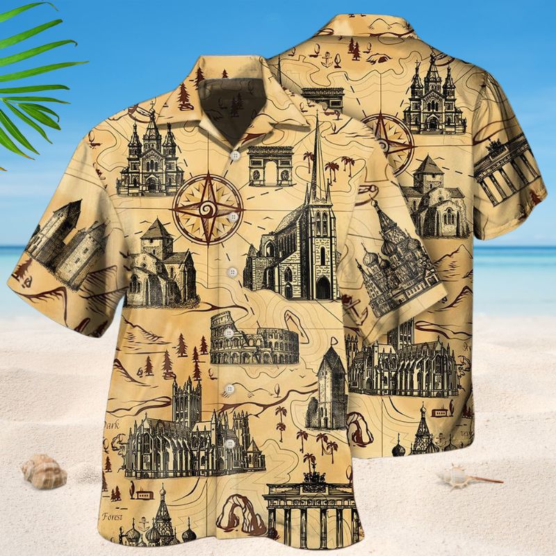 Vintage Church Hawaiian Shirt For Summer Vacation, Beach Travel, And Casual Wear