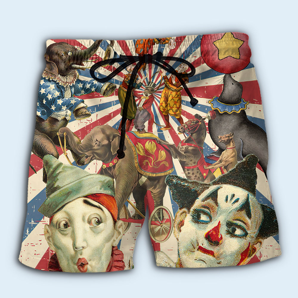 Circus Vintage Lover Theme Beach Shorts Pattern View For Relaxed Vacation Styling