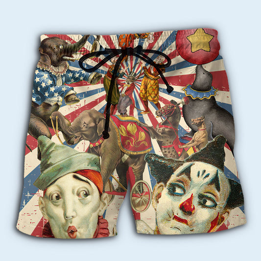 Circus Vintage Lover Theme Beach Shorts Pattern View For Relaxed Vacation Styling
