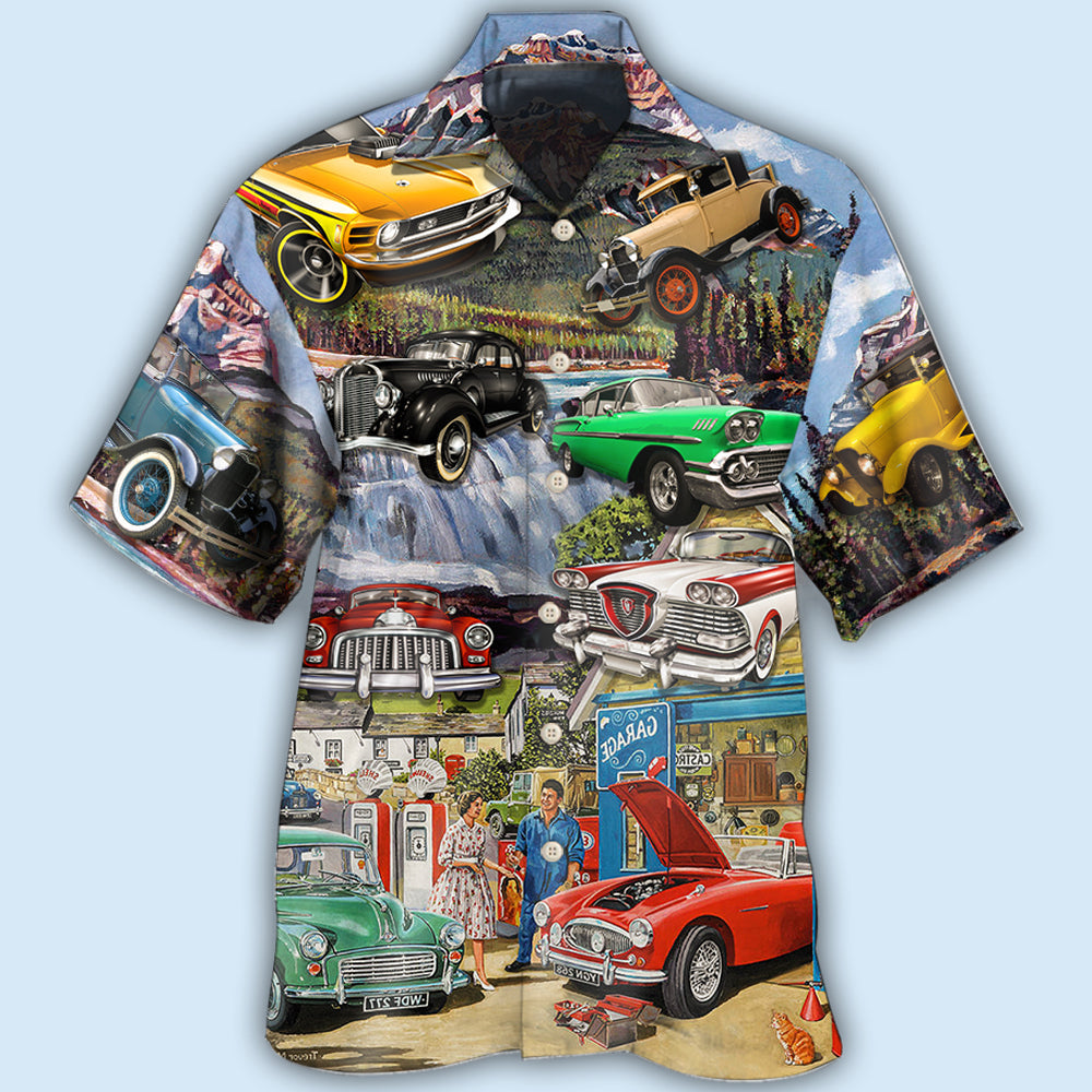 Vintage Classic Car Hawaiian Shirt With All Over Print For Vacation Getaways Resort Wear And Casual Celebrations