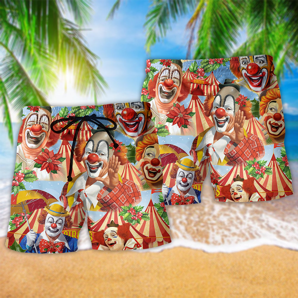 Christmas Clown Beach Shorts Pattern Detail For Island Trips And Everyday Comfort