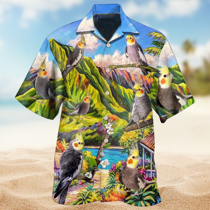 Elegant Cockatiel Landscape Hawaiian Shirt For Island Vacations, Resort Wear, And Relaxed Seasonal Style