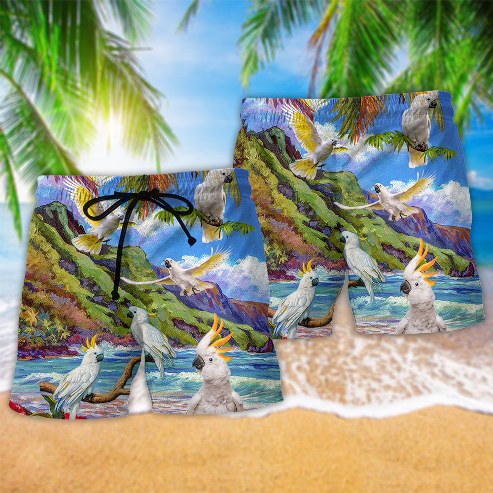 Cockatoo Ocean Landscape Beach Shorts Pattern Detail For Casual Summer Plans And Comfortable Daily Wear
