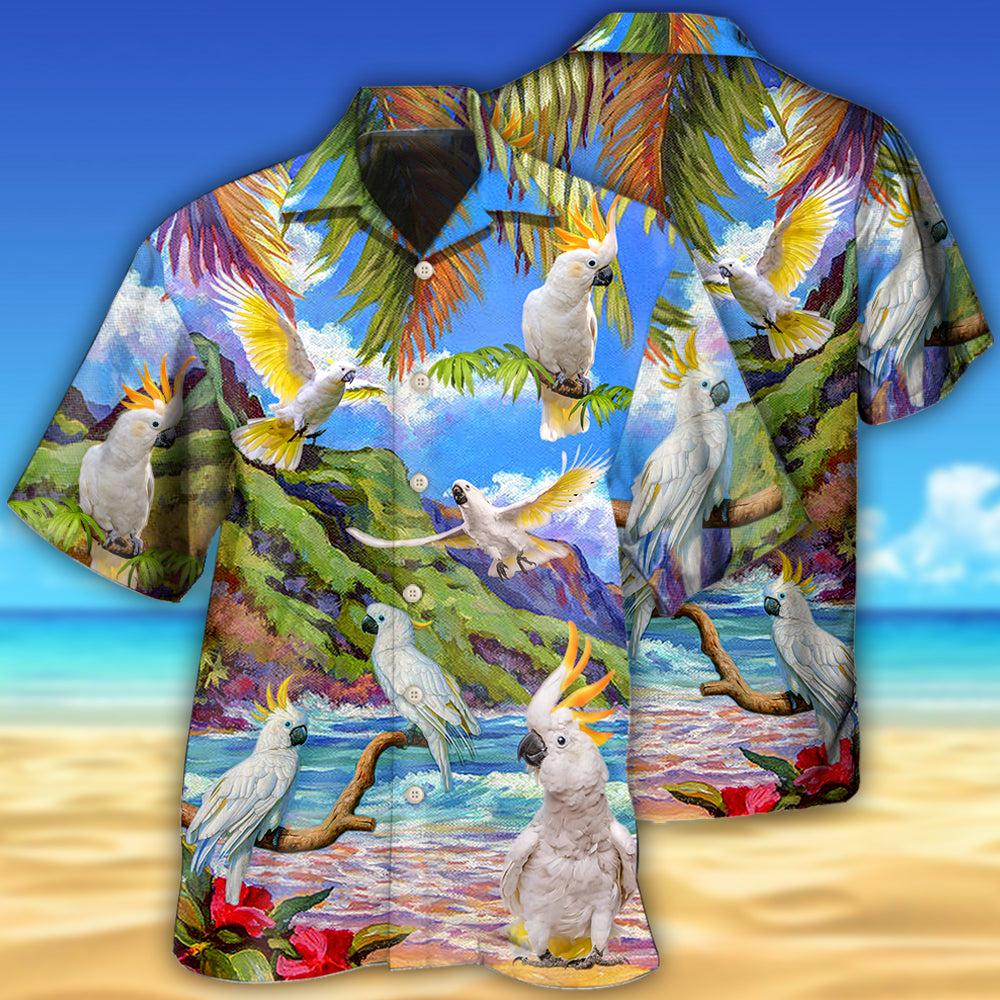 Elegant Cockatoo Landscape Hawaiian Shirt For Coastal Travel, Casual Events, And Comfortable Summer Wear