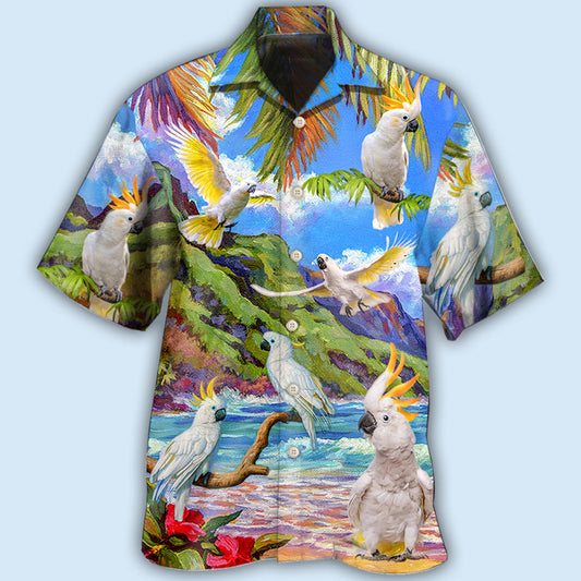 Elegant Cockatoo Landscape Hawaiian Shirt For Coastal Travel, Casual Events, And Comfortable Summer Wear