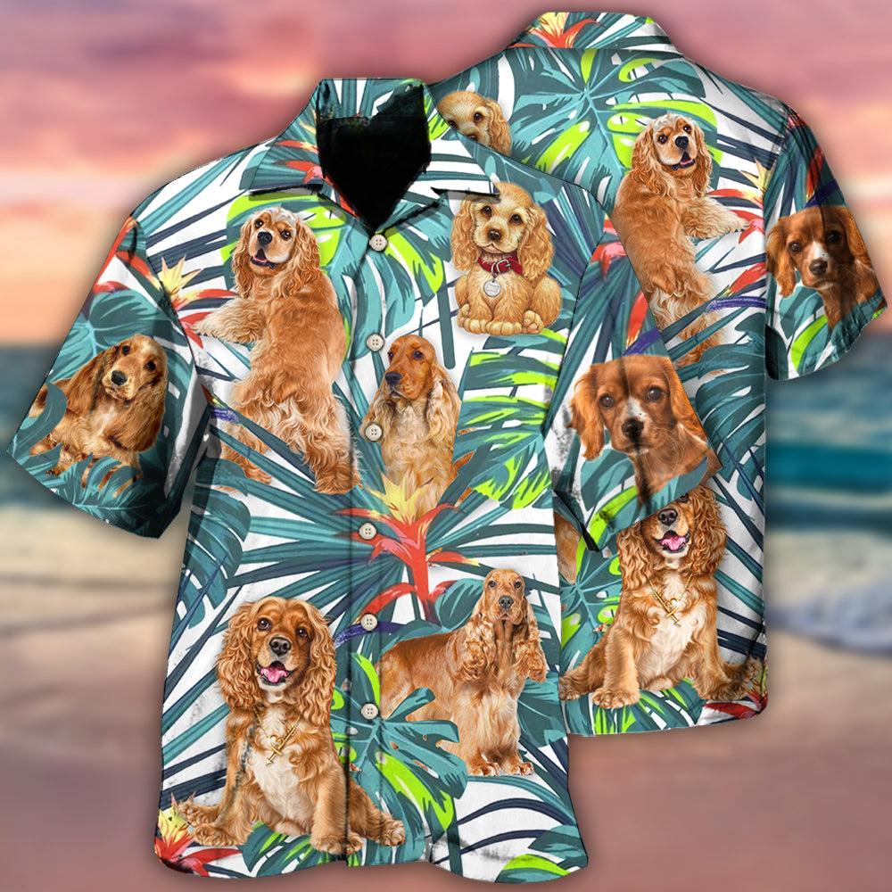 Tropical Cocker Spaniel Leaf Hawaiian Shirt For Summer Vacation, Beach Travel, And Casual Wear