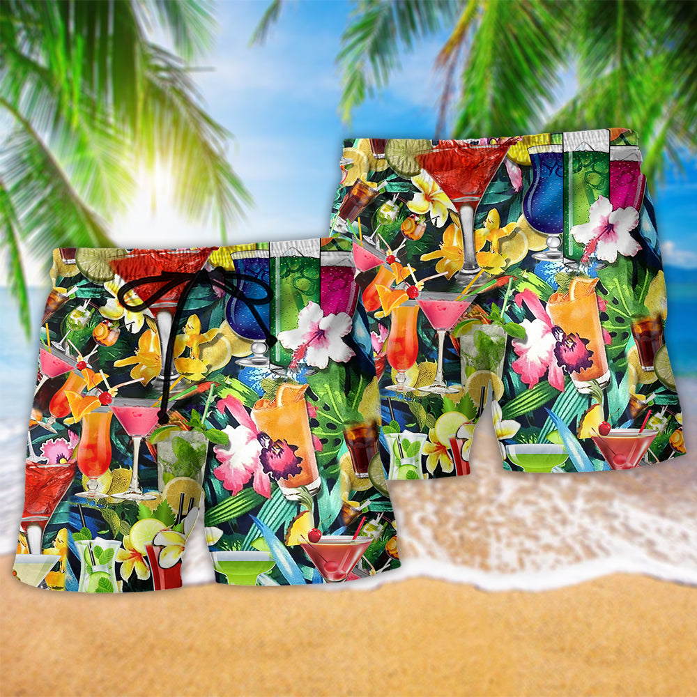 Cocktail And Flowers Beach Shorts Pattern View For Weekend Trips And Outdoor Activities