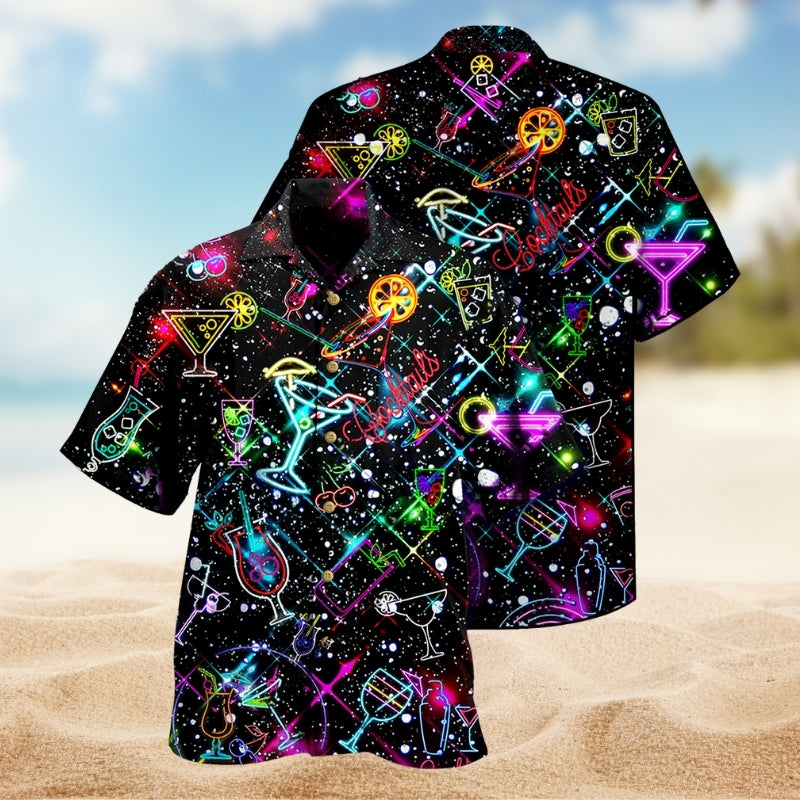 Neon Cocktail Hawaiian Shirt For Summer Vacation, Beach Travel, And Casual Wear
