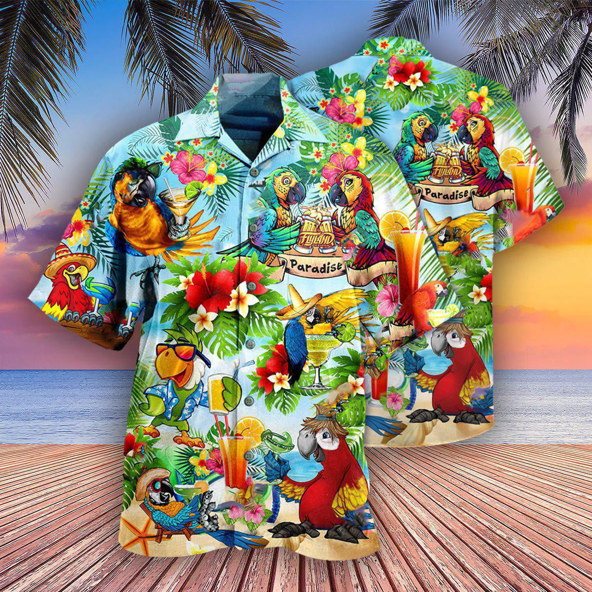 Tropical Vintage Cocktail Parrots Hawaiian Shirt For Vacation Days And Relaxed Coastal Outings