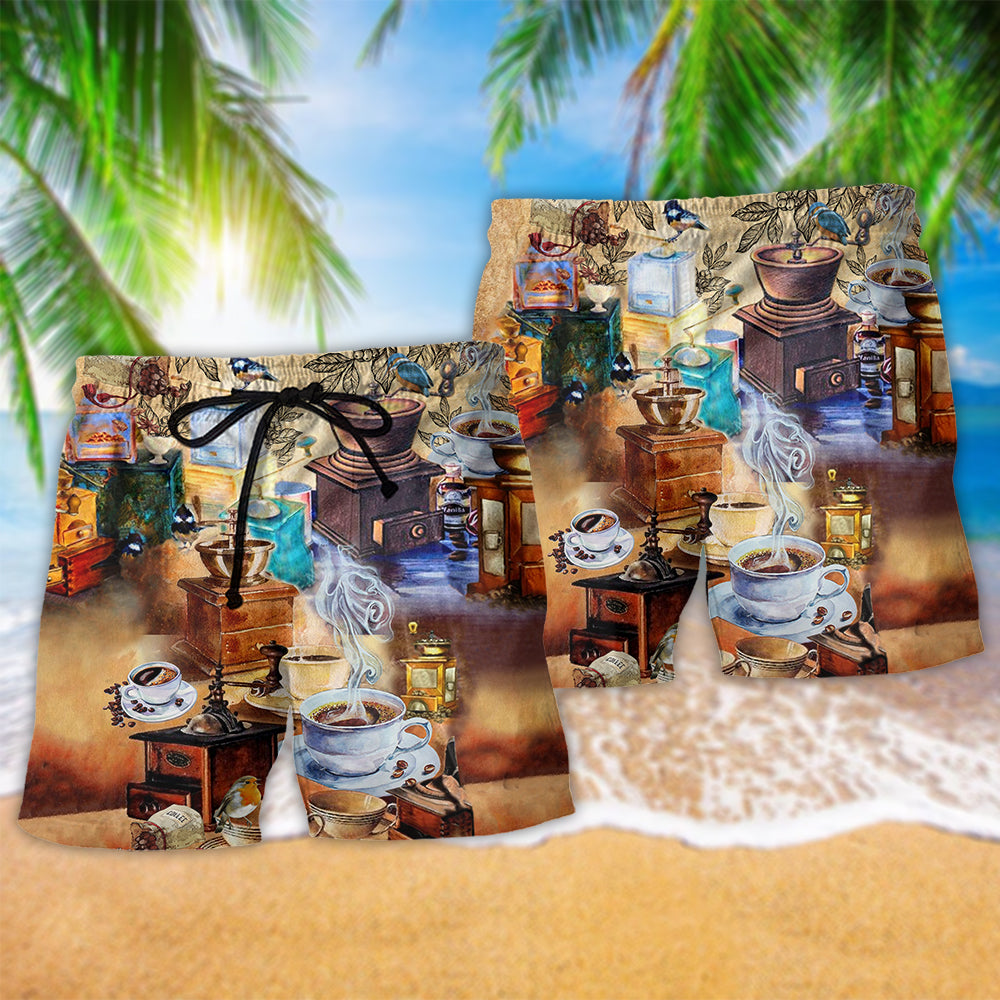 Coffee Pleasure Retro Lifestyle Beach Shorts Print Detail For Beach Activities And Vacation Wear
