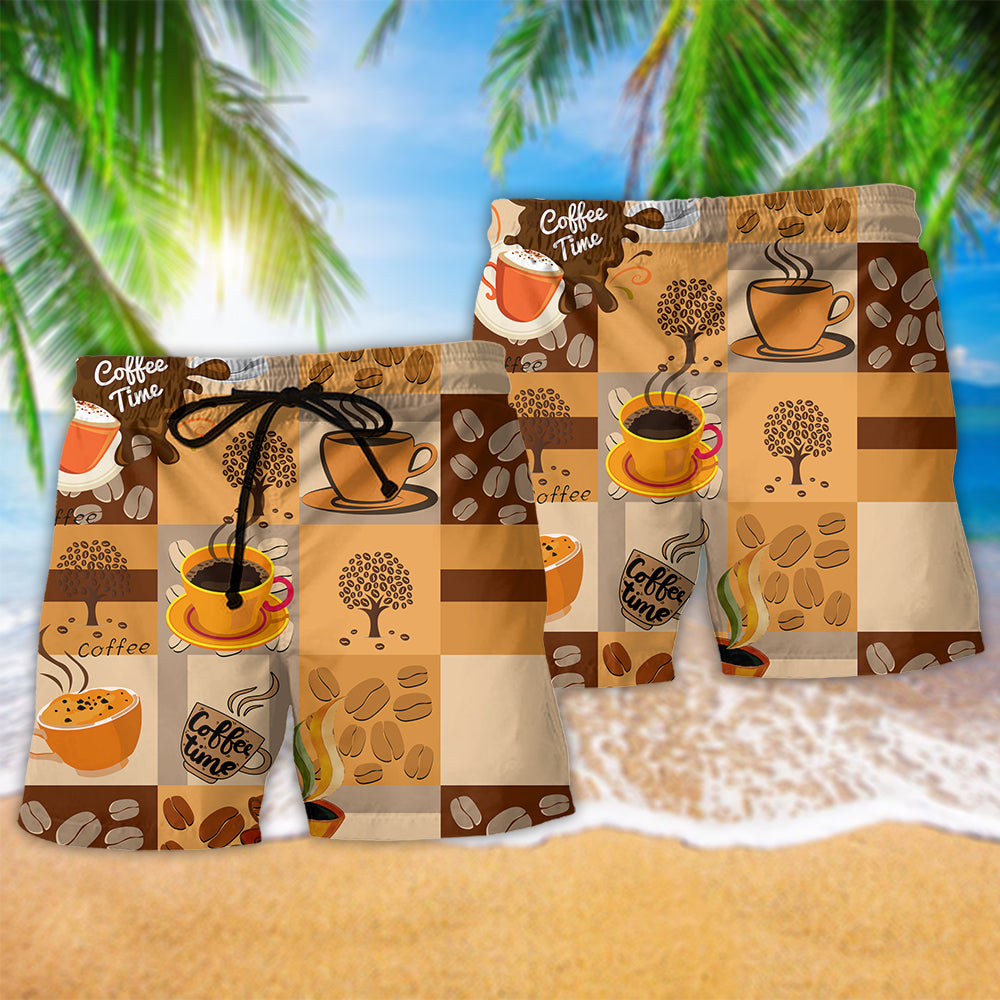 Coffee Time To Relax Hawaiian Print Beach Shorts For Beach Gatherings And Travel