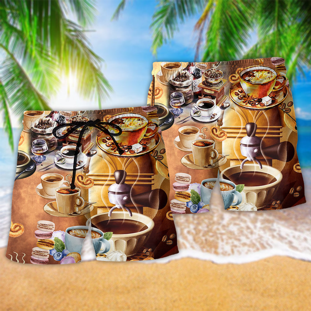 Vintage Coffee Beach Shorts Pattern Detail For Cruise Vacations And Comfortable Daily Wear