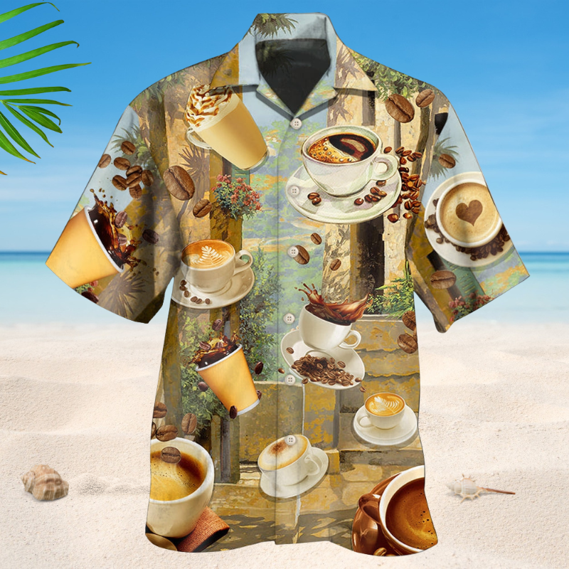 Vintage Coffee Morning Hawaiian Shirt For Summer Vacation, Beach Travel, And Casual Wear