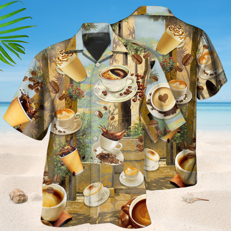 Vintage Coffee Morning Hawaiian Shirt For Summer Vacation, Beach Travel, And Casual Wear