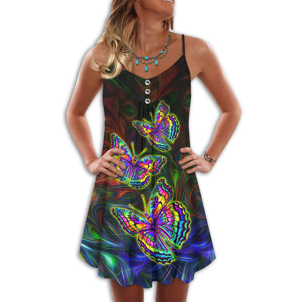 Colorful Butterfly In Night V-Neck Sleeveless Cami Dress For Nature Lovers And Thoughtful Gifting