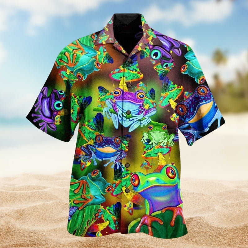 Colorful Frog Hawaiian Shirt For Coastal Adventure, Beachside Event, And Everyday Comfort