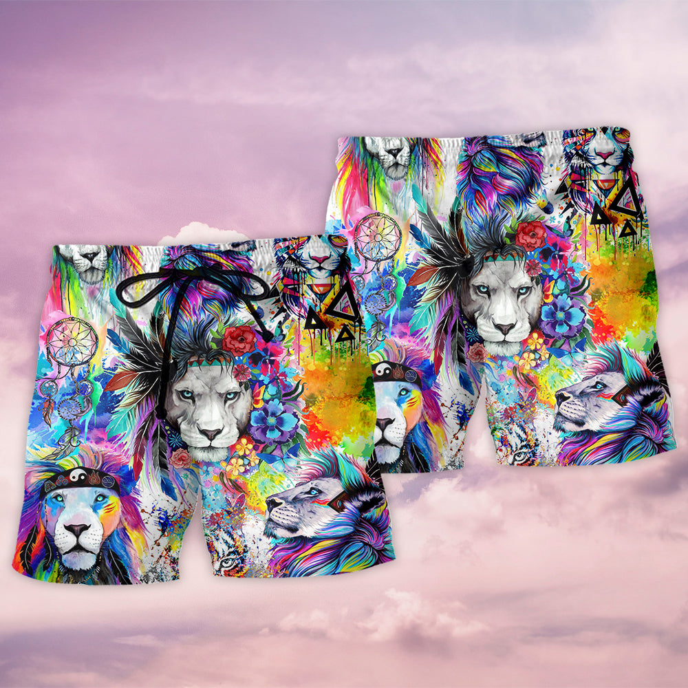 Colorful Lion Painting Cool Beach Shorts Artwork Detail For Comfortable Everyday Summer Wear