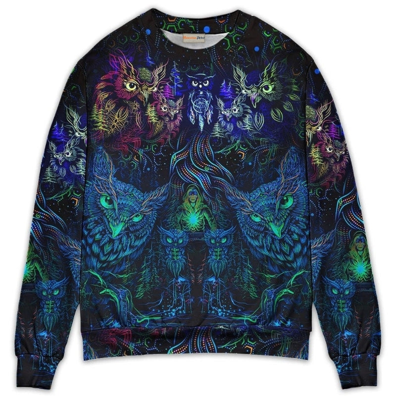 Colorful Owl And Witch Fantasy Sweater For Art Lovers Holidays Parties And Comfortable Wear