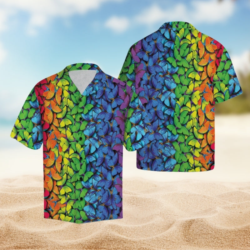 Colorful Rainbow Butterfly Hawaiian Shirt For Island Vacations, Resort Wear, And Relaxed Seasonal Style