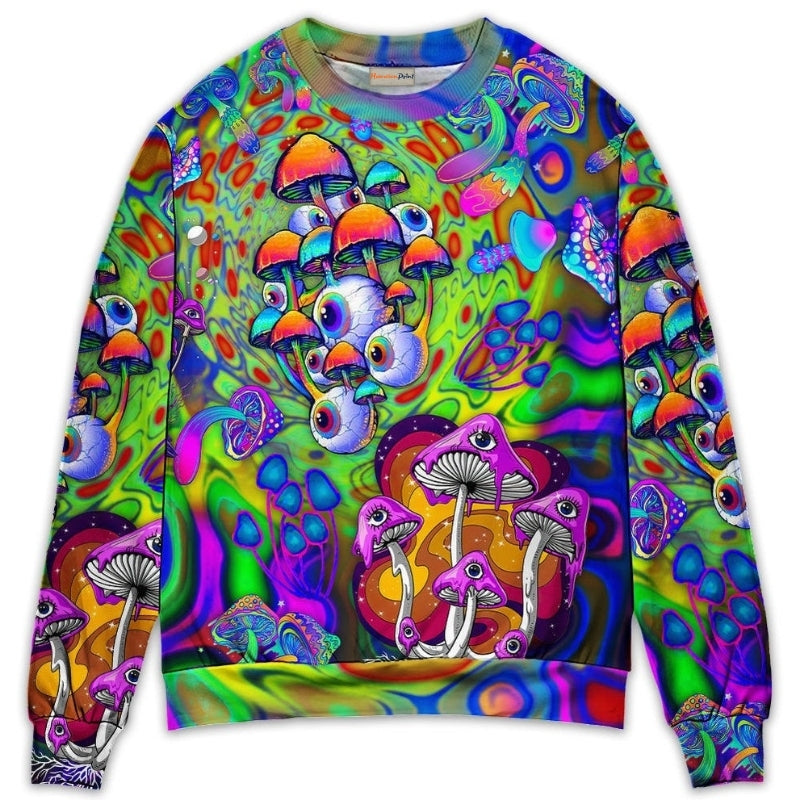Colorful Hippie Mushroom Trippy Sweater For Free Spirited Outfits Holidays And Everyday Comfort