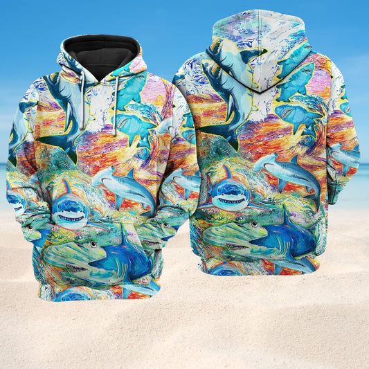 Colorful Shark Painting Hoodie For Beach Lovers Outdoor Activities And Thoughtful Gifts