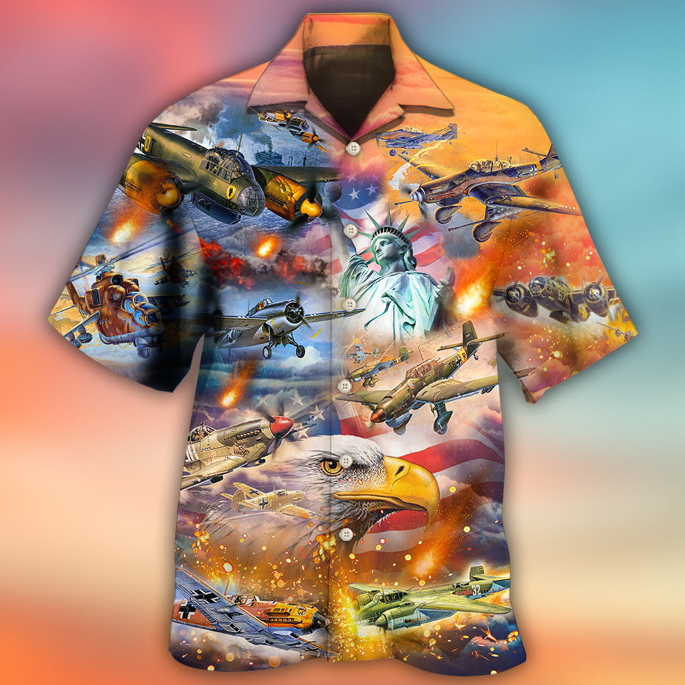 Combat Aircraft Independence Day American Hawaiian Shirt Artwork Detail For Tropical Trips And Casual Outings