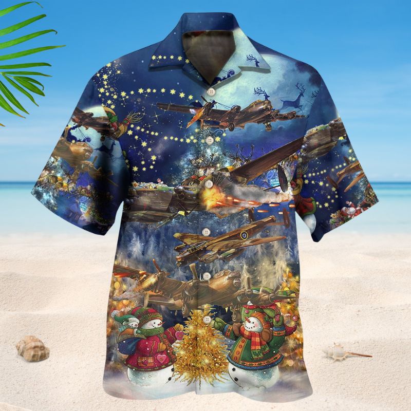 Festive Combat Aircraft Christmas Hawaiian Shirt For Holiday Parties, Tropical Vacations, And Festive Gift Giving