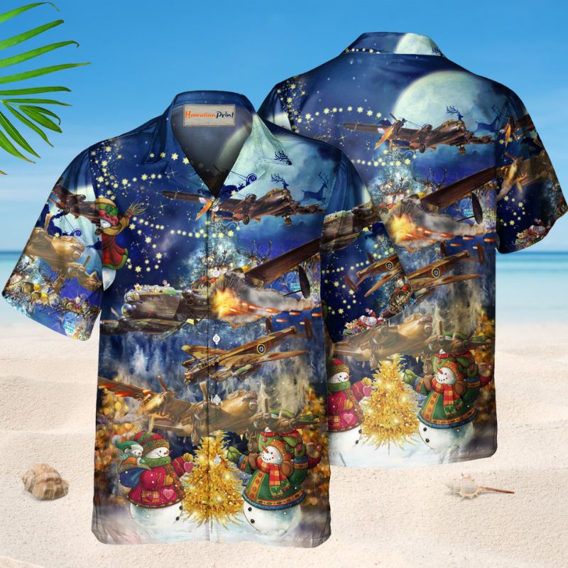 Festive Combat Aircraft Christmas Hawaiian Shirt For Holiday Parties, Tropical Vacations, And Festive Gift Giving