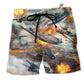 Combat Aircrafts Fire War Hawaiian Print Beach Shorts For Summer Vacation And Coastal Travel