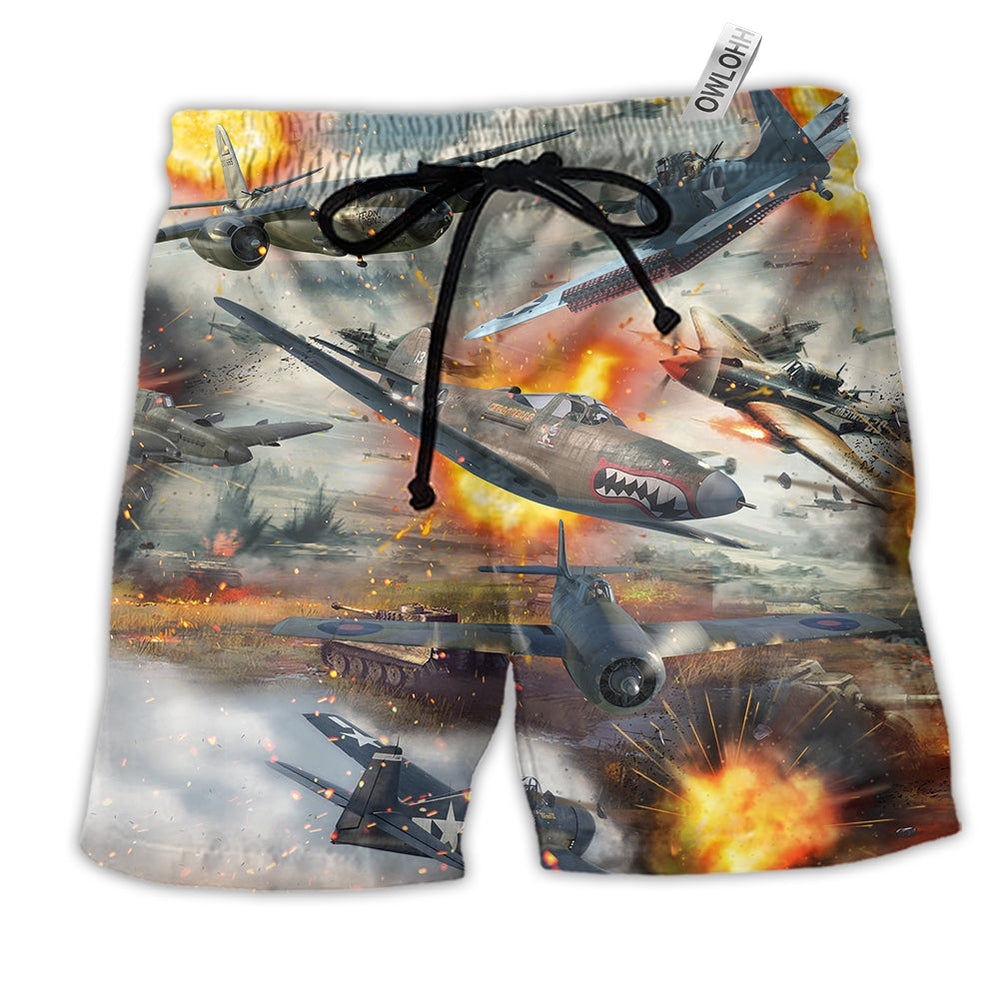 Combat Aircrafts Fire War Hawaiian Print Beach Shorts For Summer Vacation And Coastal Travel