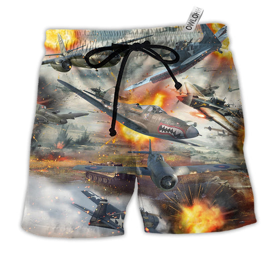 Combat Aircrafts Fire War Hawaiian Print Beach Shorts For Summer Vacation And Coastal Travel