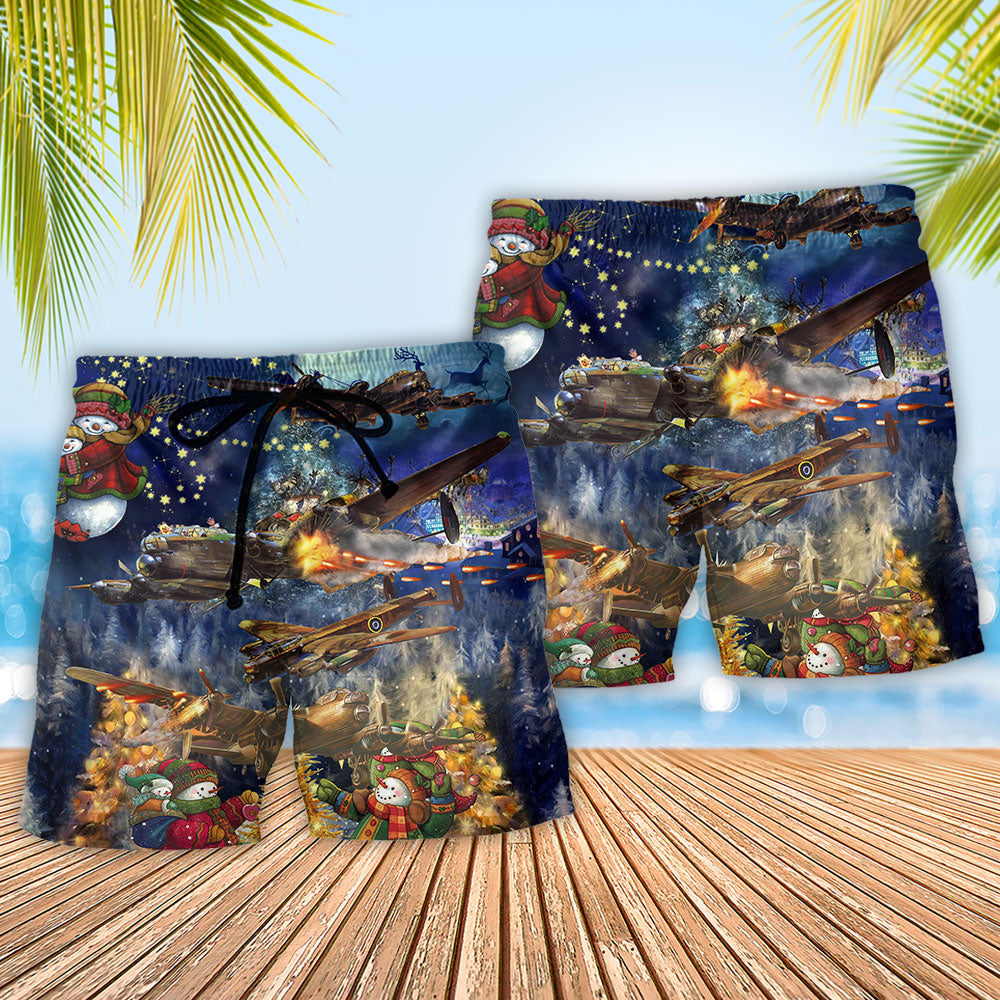 Christmas Military Airplane Beach Shorts Pattern Detail For Casual Summer Plans And Distinctive Seasonal Style