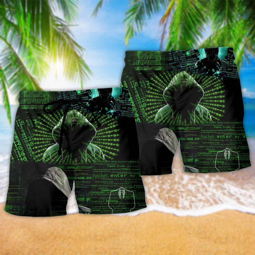 Green Hacker Cyber Beach Shorts Design View For Summer Events And Coastal Getaways
