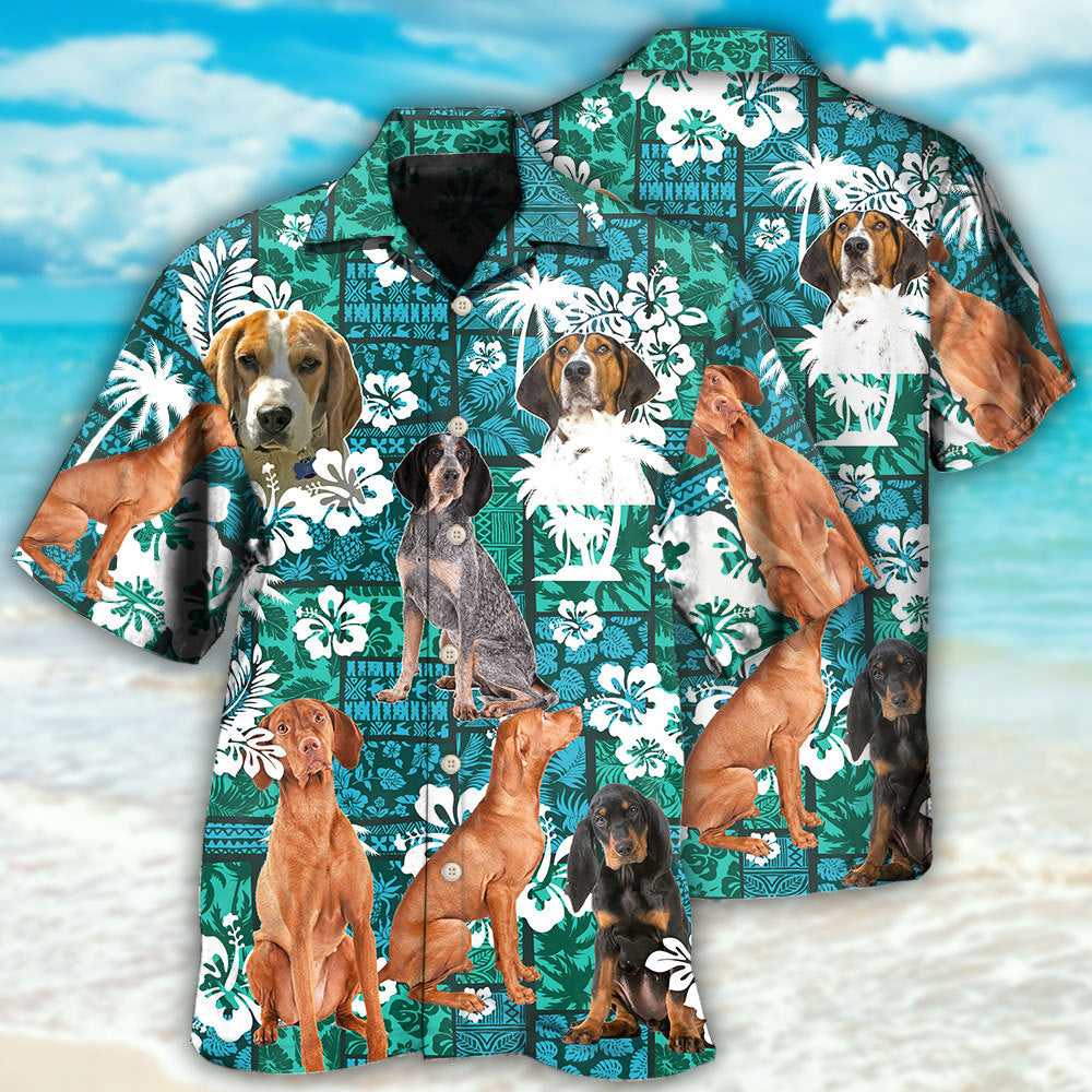Floral Tropical Coonhound Hawaiian Shirt For Summer Vacation, Beach Travel, And Casual Wear