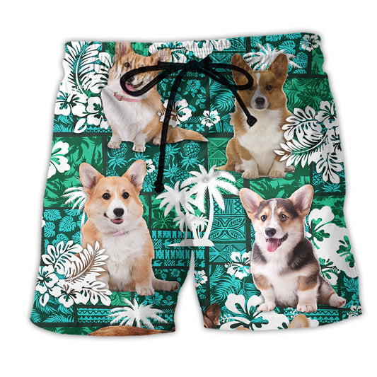 Green Tropical Corgi Beach Shorts For Casual Day Trips And Leisure And Relaxation