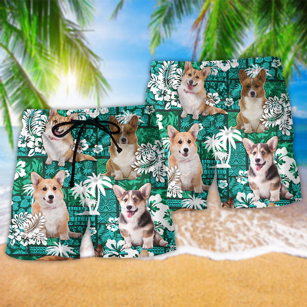Green Tropical Corgi Beach Shorts Pattern Detail For Island Trips And Leisure And Relaxation