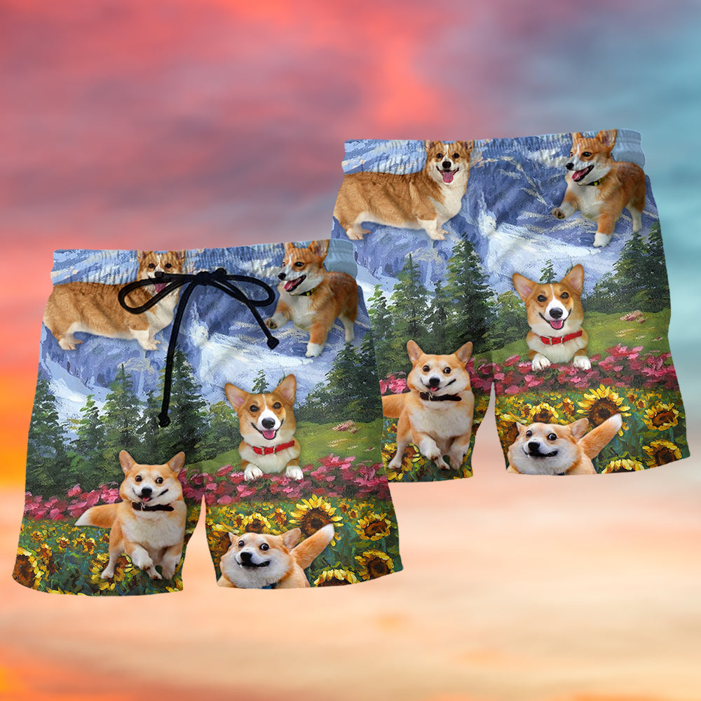Cute Corgi Playing With Flowers Beach Shorts Pattern Detail For Sunny Outdoor Activities