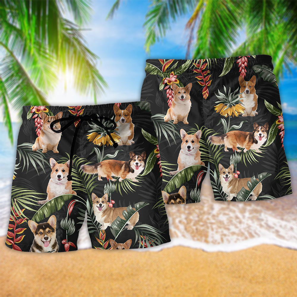 Corgi Dog Tropical Leaf Cute Beach Shorts Design View For Summer Events And Coastal Getaways