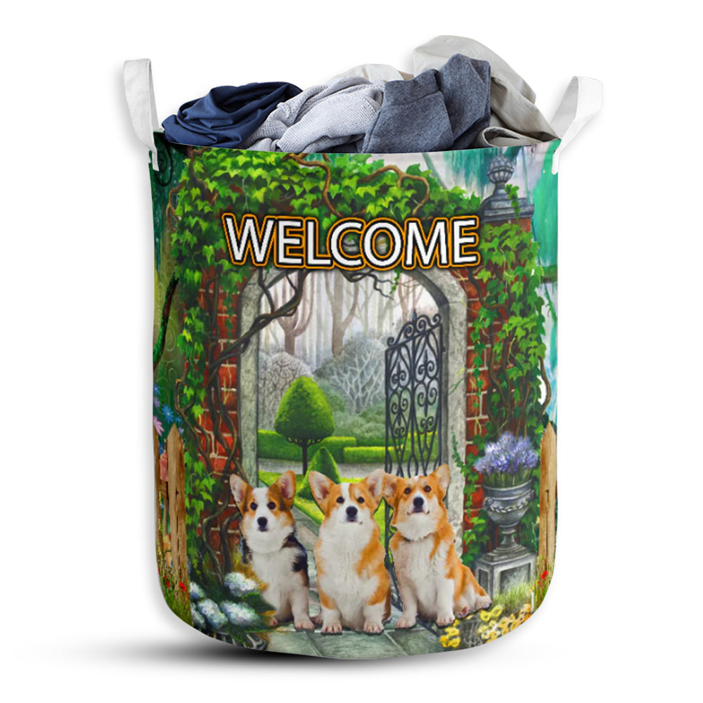 Corgi Welcome Green Garden Laundry Basket For Bathroom Bedroom Storage