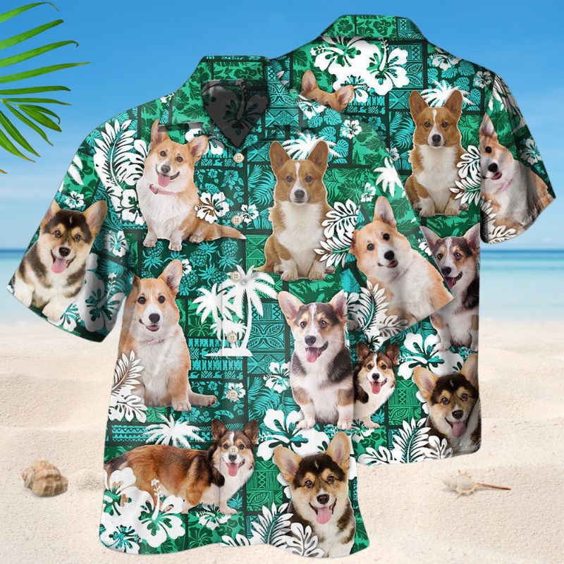 Tropical Corgi Green Hawaiian Shirt For Summer Vacation, Beach Travel, And Casual Wear