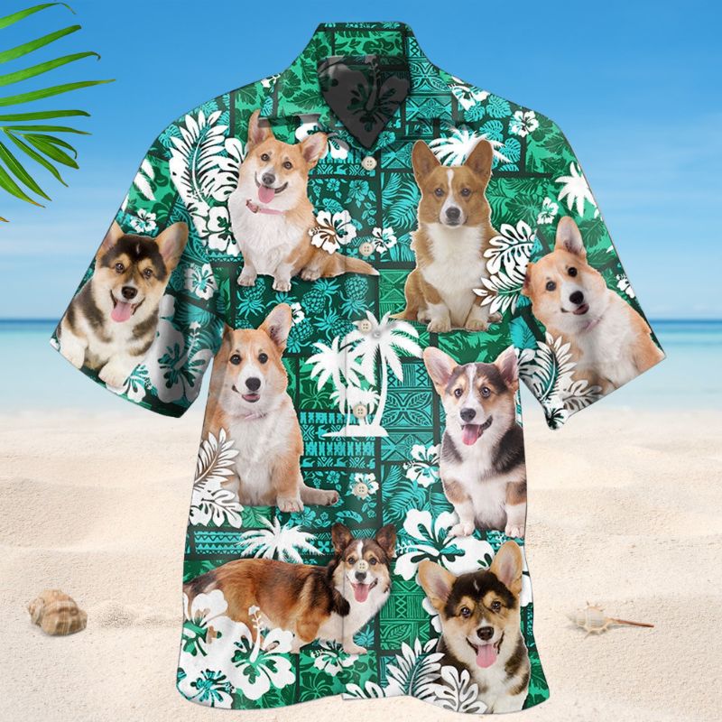 Tropical Corgi Green Hawaiian Shirt For Summer Vacation, Beach Travel, And Casual Wear