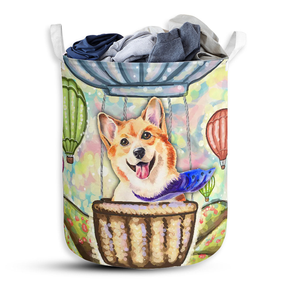 Small Size Corgi And Air Balloon Laundry Basket For Bathroom Bedroom Storage