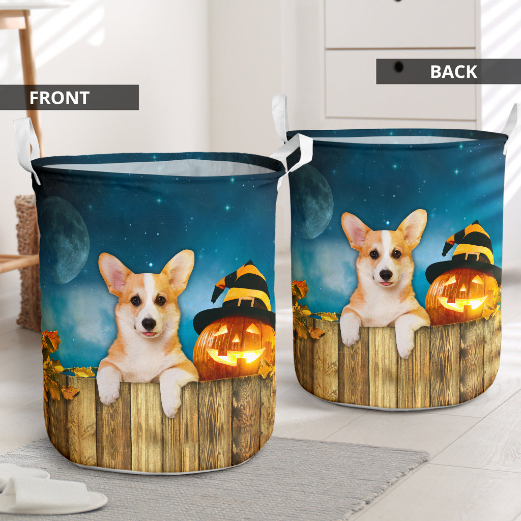 Corgi And Pumpkin Halloween Night Laundry Basket For Room Home Organizer