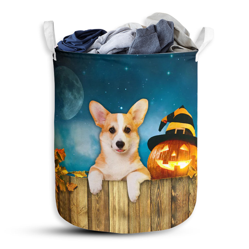 Small Size Corgi And Pumpkin Halloween Night Laundry Basket For Bathroom Bedroom Storage
