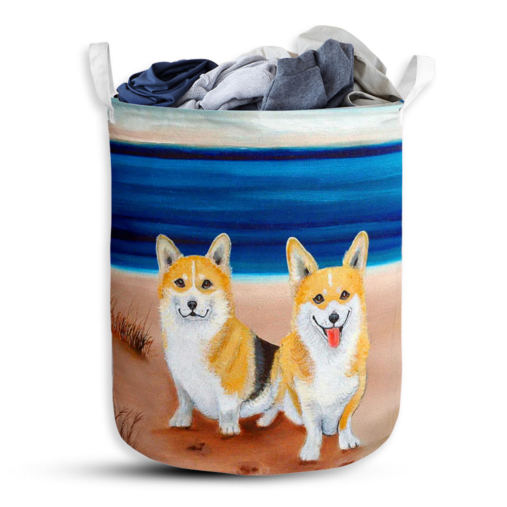 Small Size Corgi Beach Blue Style Laundry Basket For Bathroom Bedroom Storage