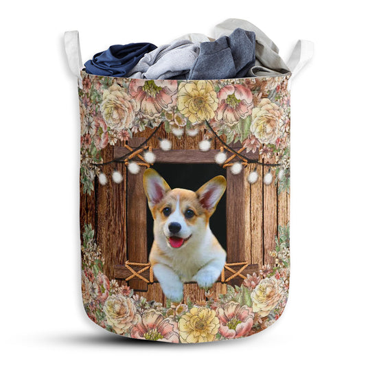 Small Size Corgi Flower Wood Laundry Basket For Bathroom Bedroom Storage