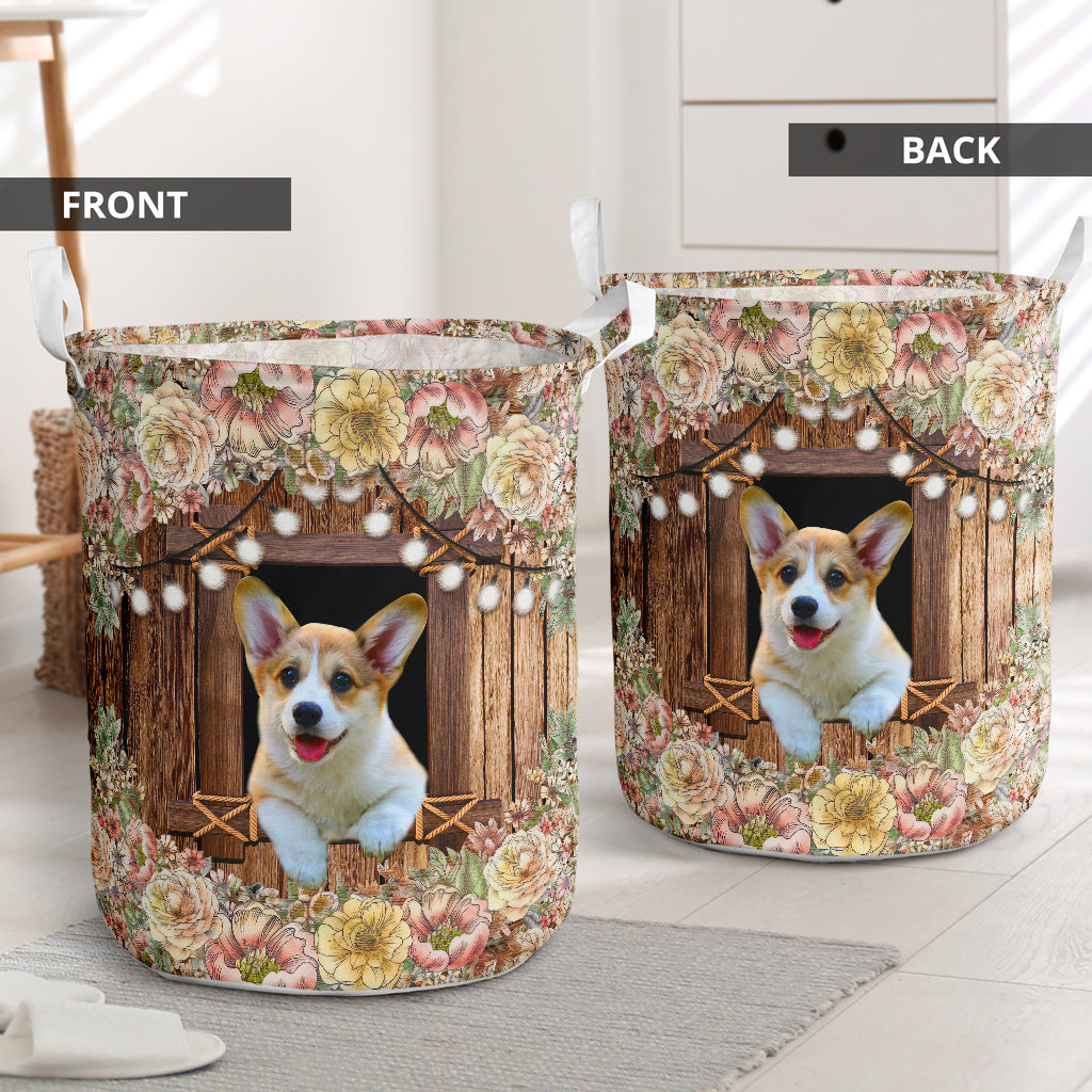 Corgi Flower Wood Laundry Basket For Room Home Organizer